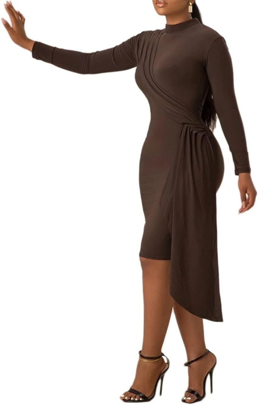 Women Elegant Midi Dresses Wear to Work Mock Neck Long Sleeve Asymmetrical Ruffle Ruched Bodycon Evening Dress Coffee M