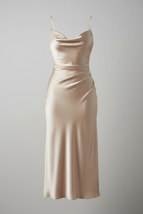 Champagne satin midi dress on neutral background