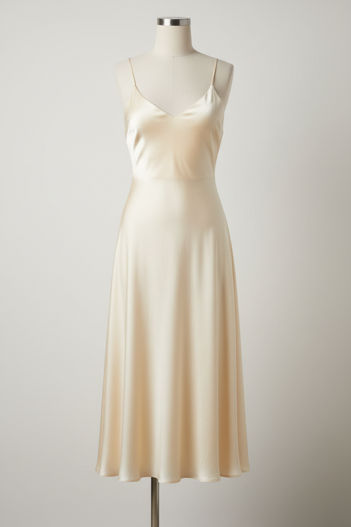 Ivory satin midi dress on neutral background