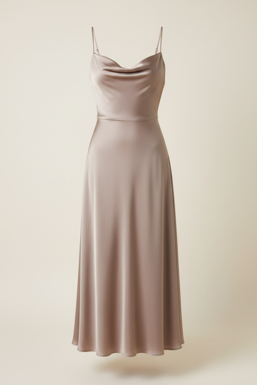 Taupe satin midi dress on neutral background